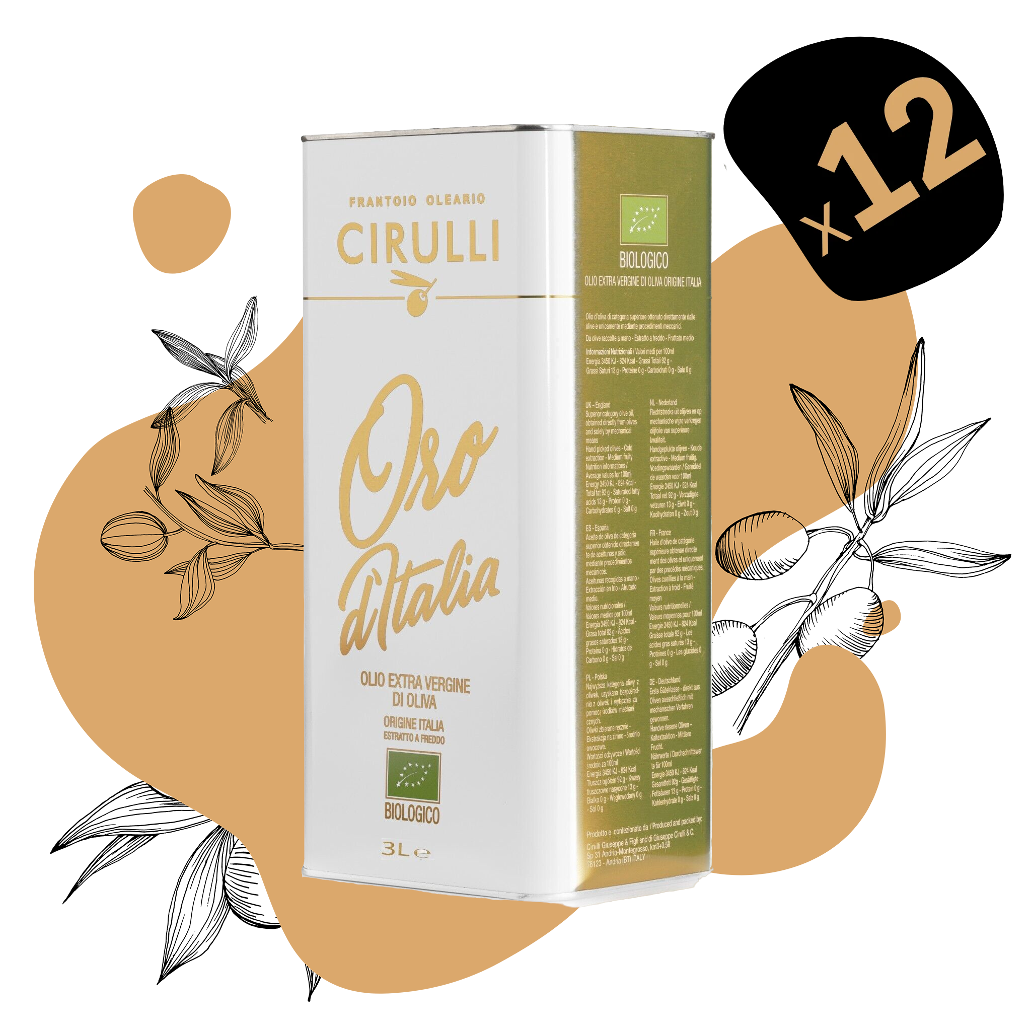 12 cans of Organic extra virgin olive oil • 12 X 3 Liters