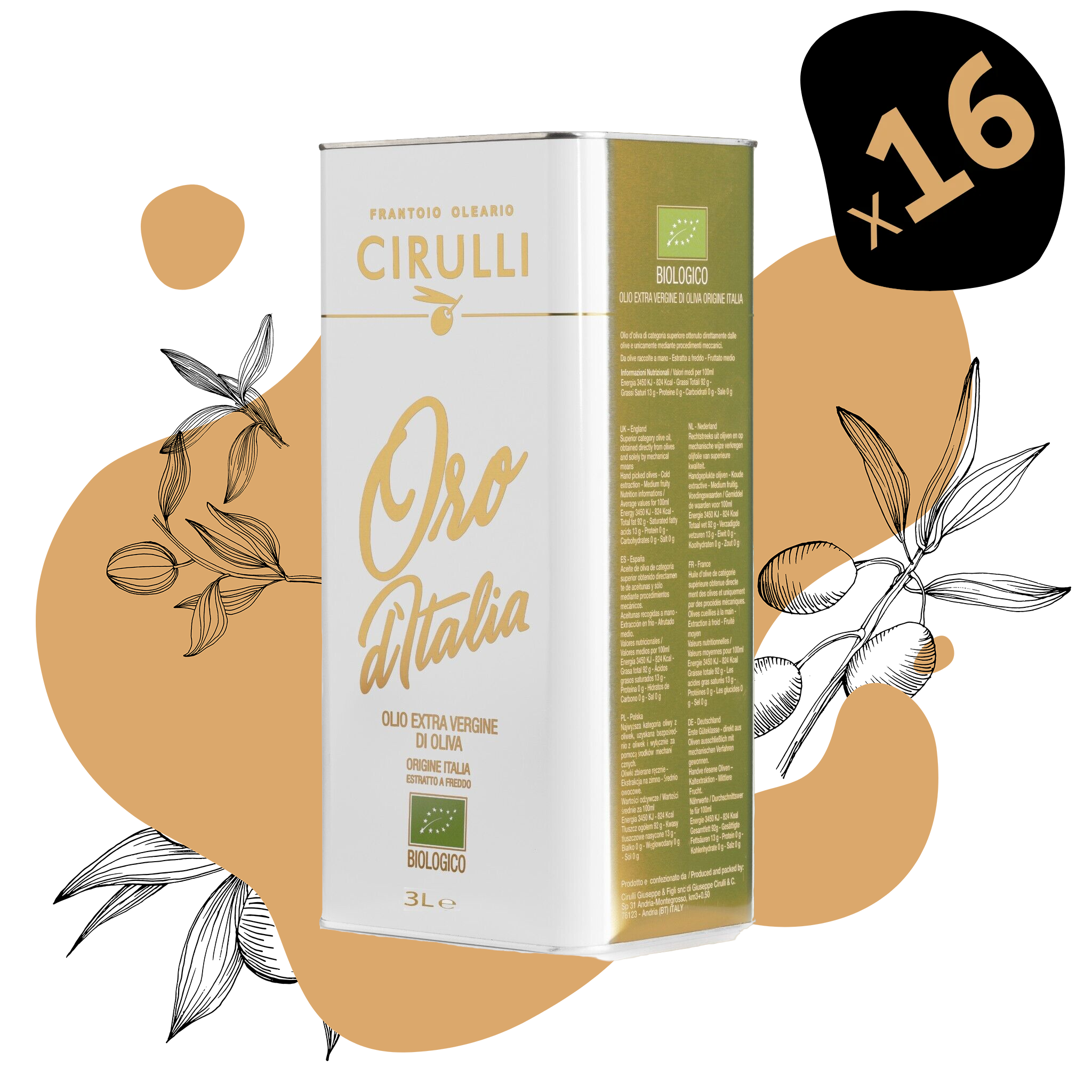 16 cans of Organic extra virgin olive oil • 16 X 3 Liters