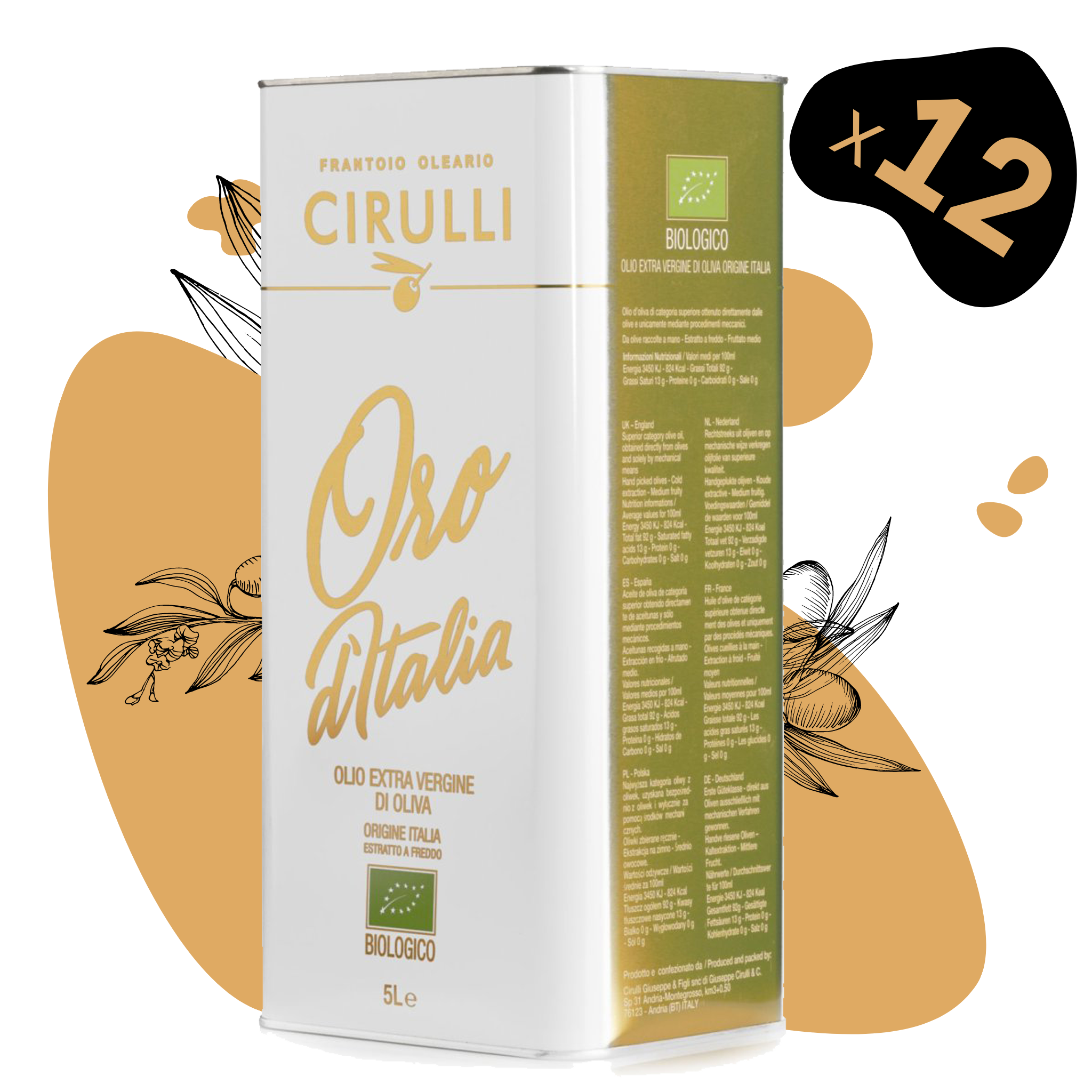 12 cans of Organic extra virgin olive oil • 12 X 5 Liters