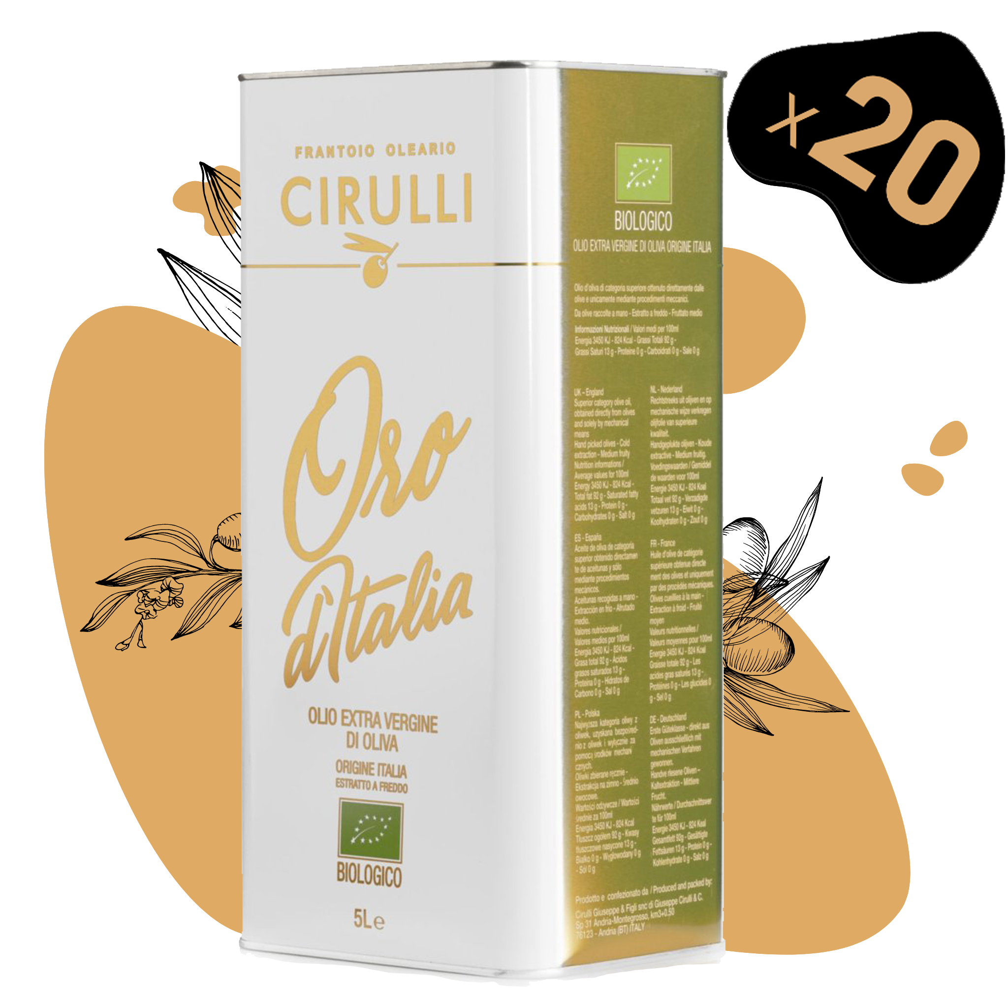 20 cans of Organic extra virgin olive oil • 20 X 5 Liters