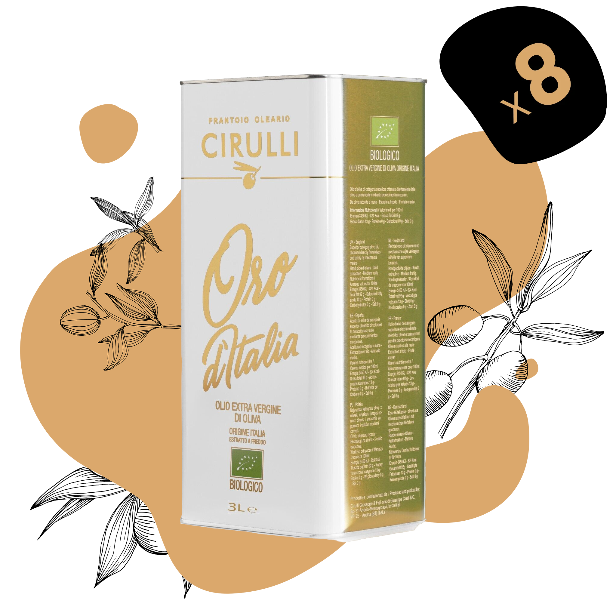 8 lattine di olio extravergine Biologico • 8 X 3 Litri